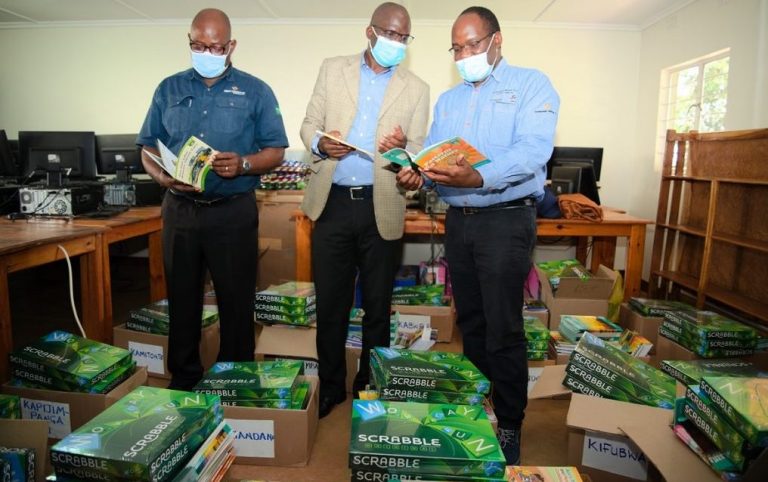 FQM Zambia Kansanshi literacy educational materials handover with Scrabble sets